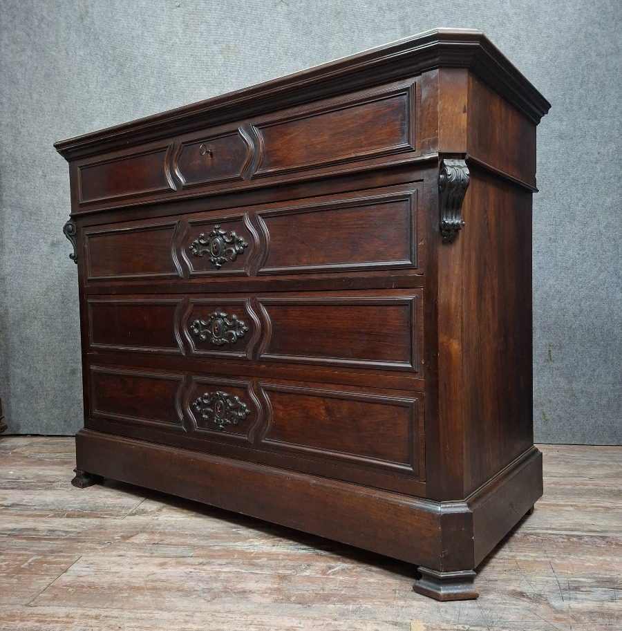 Napoleon III Period Secretary Chest Of Drawers In Mahogany And Light Wood.-photo-4