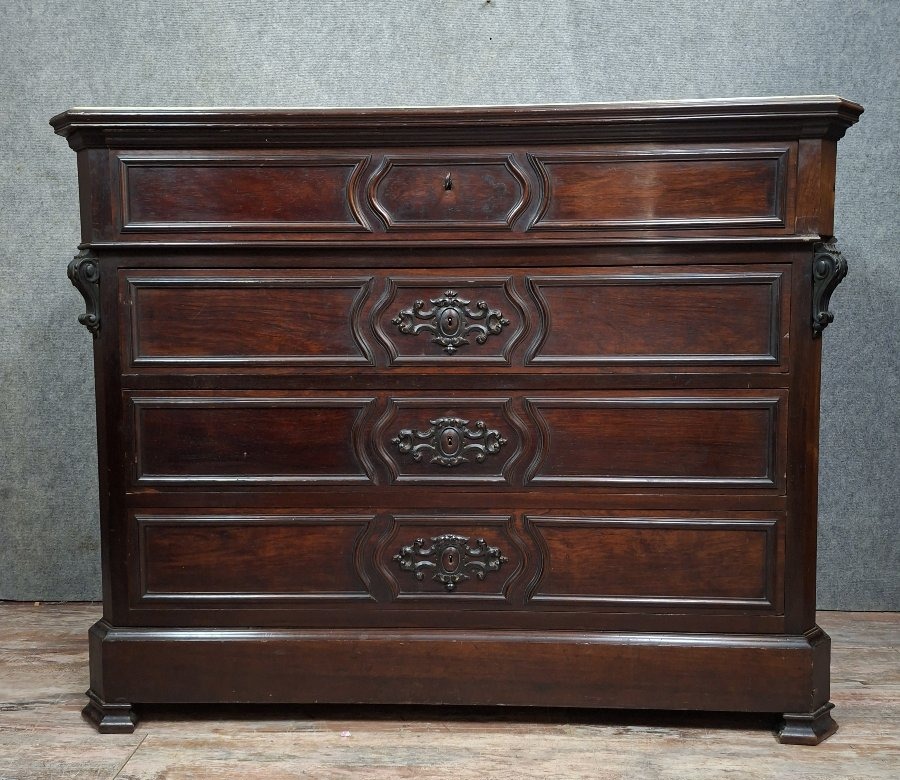 Napoleon III Period Secretary Chest Of Drawers In Mahogany And Light Wood.