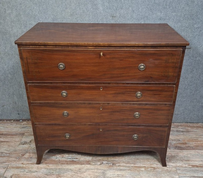 English Secretary Chest Of Drawers In Mahogany And Mahogany Veneer, 19th Century.-photo-4