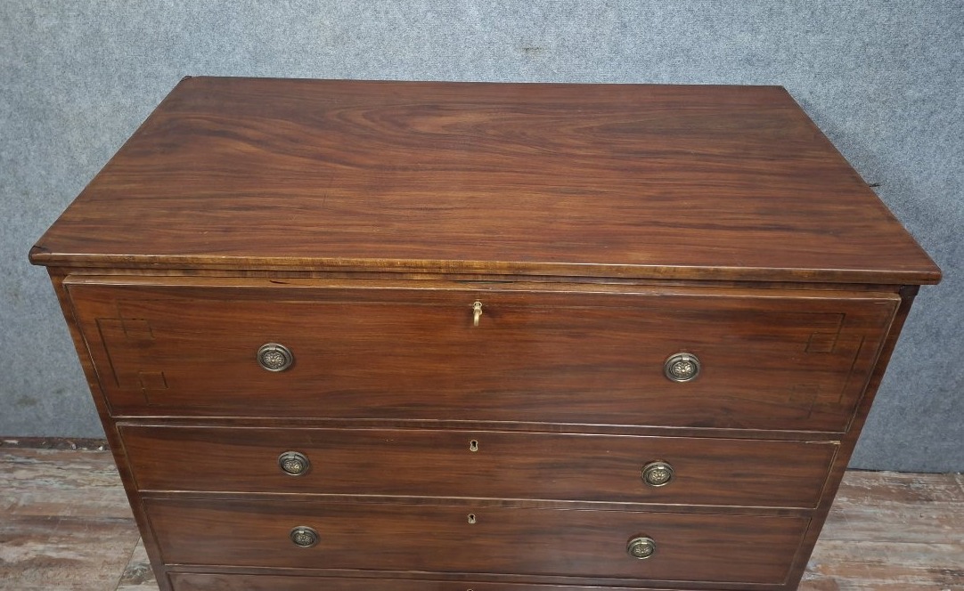 English Secretary Chest Of Drawers In Mahogany And Mahogany Veneer, 19th Century.-photo-1