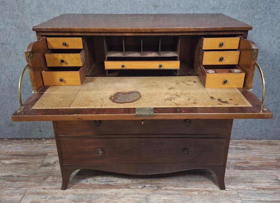 English Secretary Chest Of Drawers In Mahogany And Mahogany Veneer, 19th Century.-photo-6