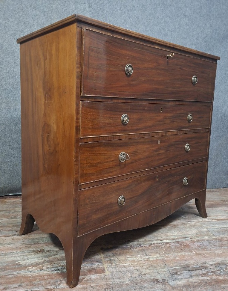 English Secretary Chest Of Drawers In Mahogany And Mahogany Veneer, 19th Century.
