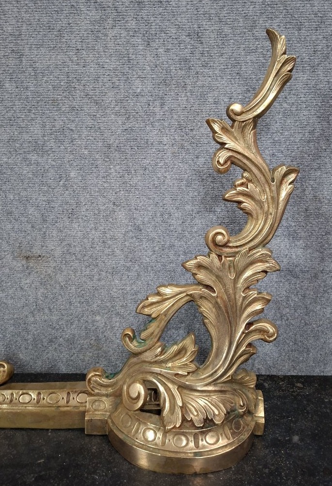 Pair Of Gilt Bronze Andirons, Louis XV Style Work, XIXᵉ-photo-1