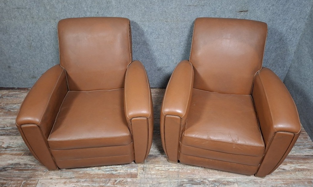 Pair Of Art Deco Club Armchairs In Fawn Leather, French Work Circa 1930-1940.-photo-3