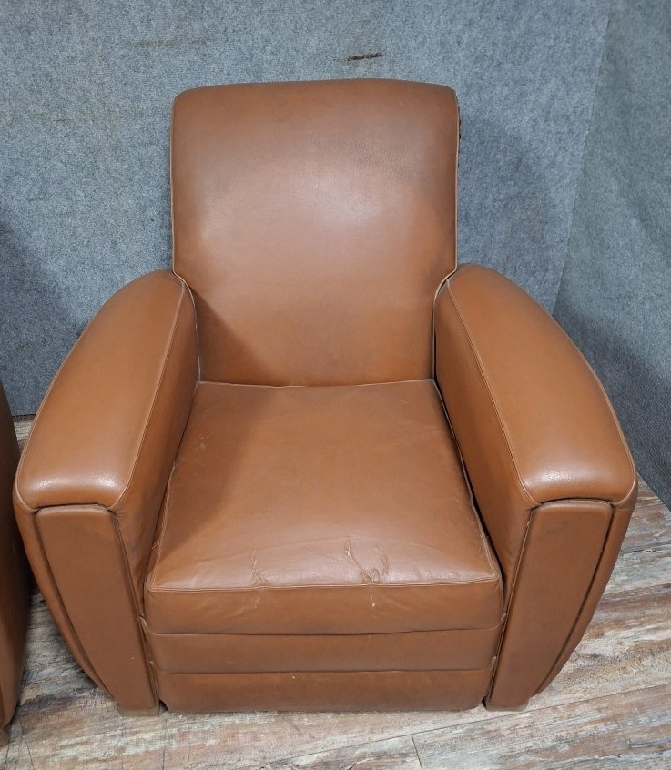 Pair Of Art Deco Club Armchairs In Fawn Leather, French Work Circa 1930-1940.-photo-4