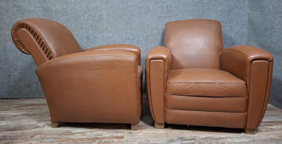 Pair Of Art Deco Club Armchairs In Fawn Leather, French Work Circa 1930-1940.-photo-2