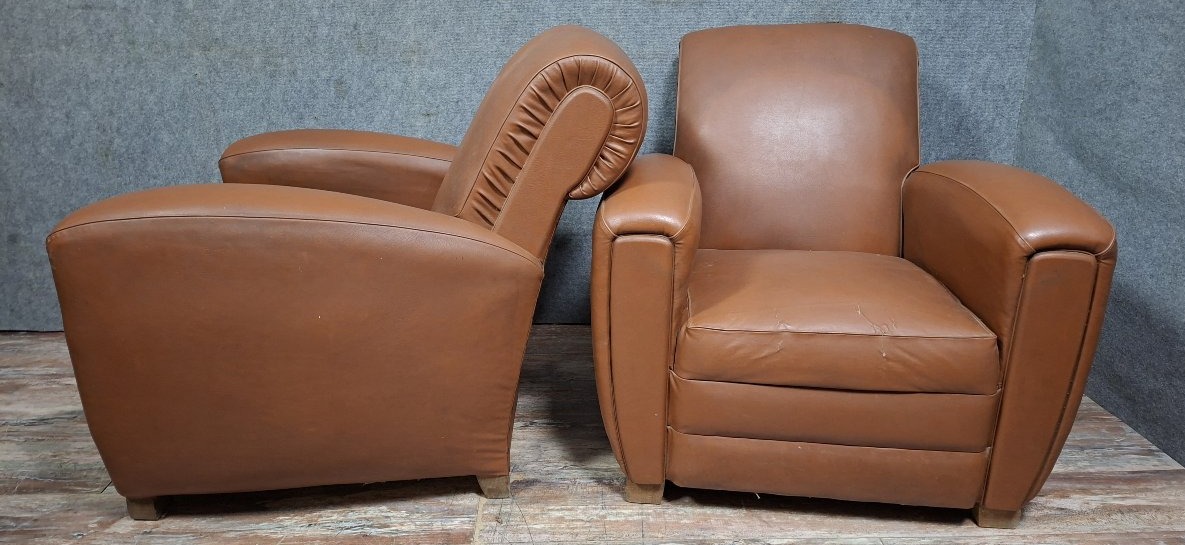 Pair Of Art Deco Club Armchairs In Fawn Leather, French Work Circa 1930-1940.-photo-4
