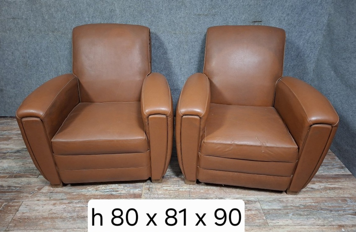 Pair Of Art Deco Club Armchairs In Fawn Leather, French Work Circa 1930-1940.-photo-6
