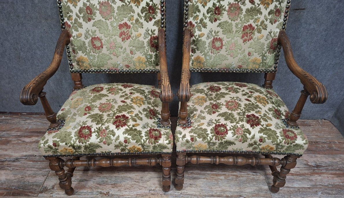 Pair Of Solid Walnut Armchairs, French Work In The Louis XIII Style-photo-3
