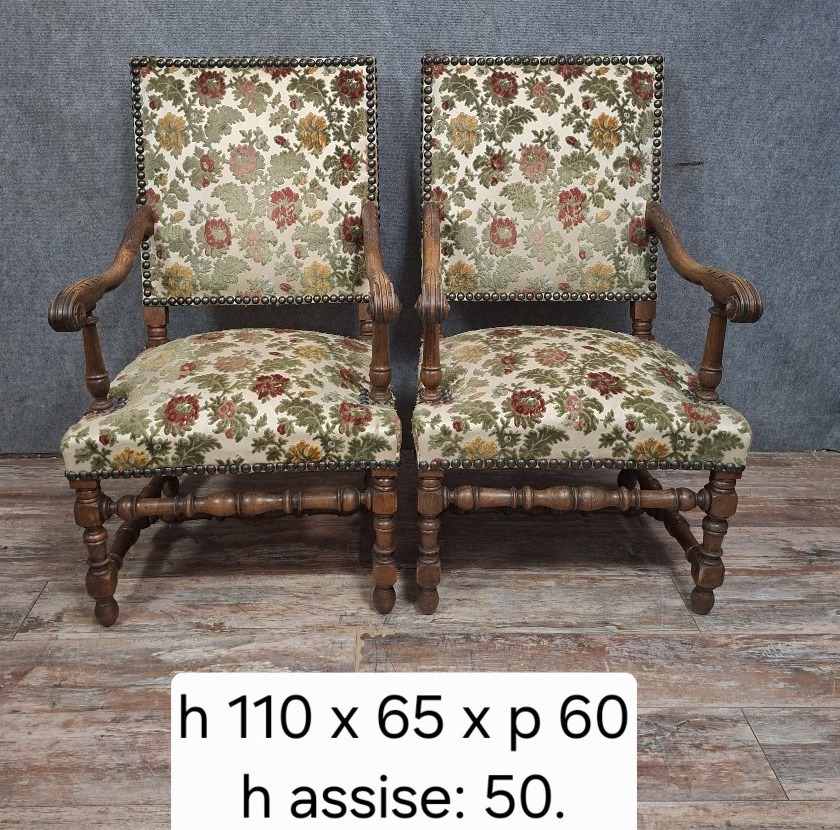 Pair Of Solid Walnut Armchairs, French Work In The Louis XIII Style-photo-4