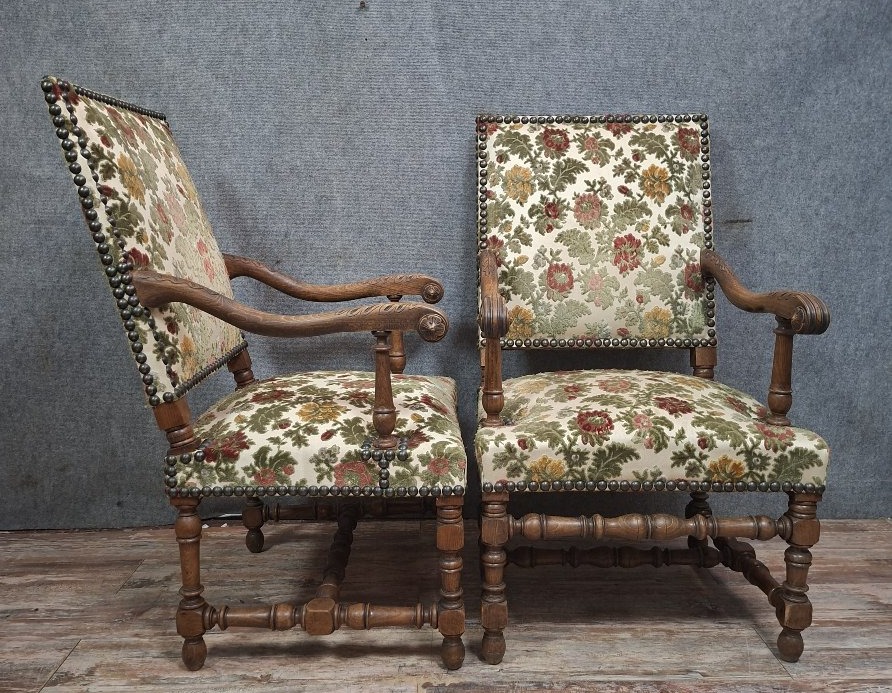 Pair Of Solid Walnut Armchairs, French Work In The Louis XIII Style-photo-2
