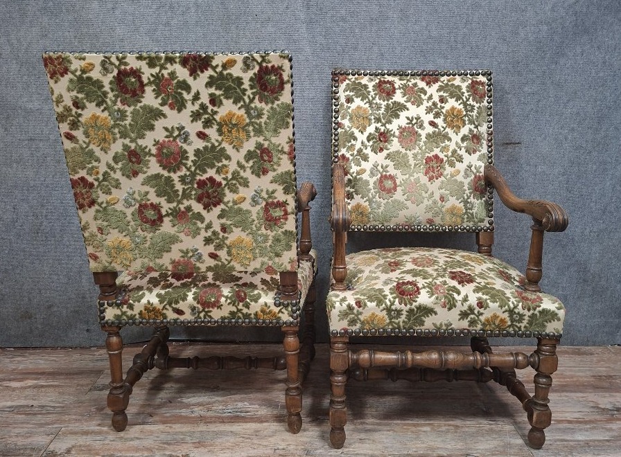 Pair Of Solid Walnut Armchairs, French Work In The Louis XIII Style-photo-3