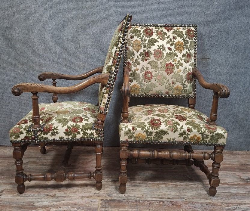 Pair Of Solid Walnut Armchairs, French Work In The Louis XIII Style-photo-4
