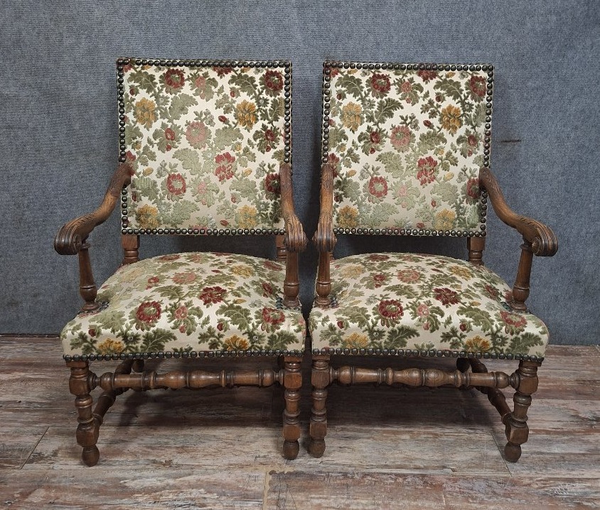 Pair Of Solid Walnut Armchairs, French Work In The Louis XIII Style