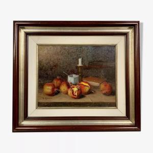 Giovanni Quaglia Italy Art Deco Period: Large Still Life With Pomegranates Oil On Panel