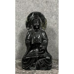 Asie Fin XVIIIeme : Monumentale Sculpture De Bouddha En Pierre Noire ( Jade )