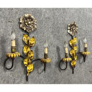 Pair Of Vintage Wall Lights In Polychrome Sheet Metal Circa 1970 Decors With Flowers And Foliage