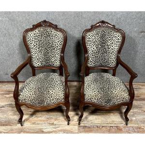 Pair Of Curved Armchairs Napoleon III Period In Mahogany