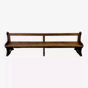Monumental Church Bench With Backrest In Solid Wood, 19th Century / 300cm