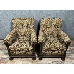 Pair Of Renaissance Style Armchairs (italy) In Solid Wood And Fabric