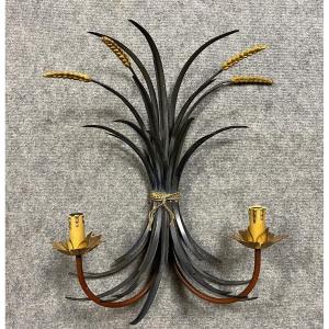 After Maison Charles: Large Sheaf Of Wheat Wall Lamp In Polychrome Iron