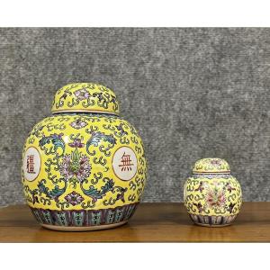 Deux Pots à Gingembre Chinois Vintage En Porcelaine à Décor De Fleurs Et Symboles 
