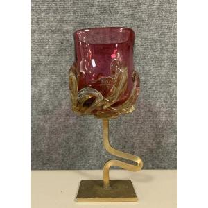 Françoise Picaud (1959): Unusual Glass With Applied Decor In Amber Color