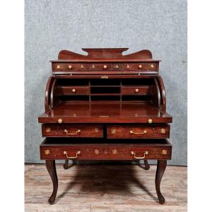 Cylinder Desk In Mahogany And Marquetry Inlays