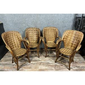 After "le Corbusier": Series Of 4 Handcrafted Rattan Armchairs 