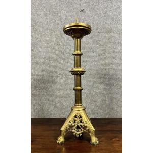 Monumental Church Candlestick In Bronze And Gilded Brass 19th Century / H 87cm 