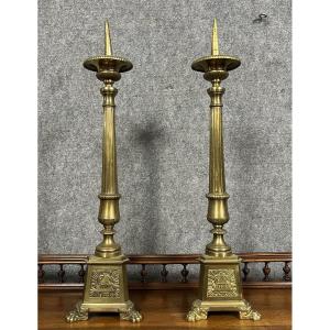 Pair Of Candlesticks In Gilt Bronze Empire Period