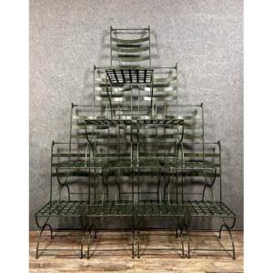 Series Of 10 Curules De Château Iron Chairs In Faux Bronze Appearance With Green Patina 