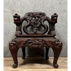 Rare Old Chinese Armchair Stamped In Richly Carved Ironwood 