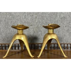 Rare Pair Of Tripod Candlesticks In Gilt Bronze After Paul Maitland Smith