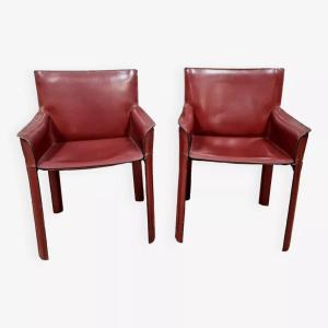 After Mario Bellini For Cassina Pair Of Cab 413 Armchairs In Oxblood Leather 