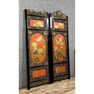 Asia Circa 1900: Rare Pair Of Double-sided Panels In Lacquer And Golden Wood