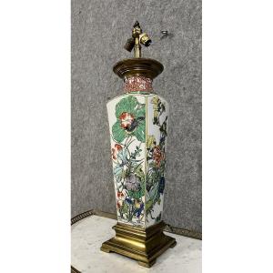 19th Century China: Large Porcelain Lamp Decorated With Trendy Birds