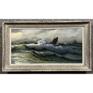Le Tallec: Large Oil On Canvas Depicting Sailboats On A Rough Sea