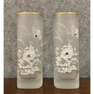 Pair Of Frosted Glass Vases Art Deco Period Circa 1930-1940