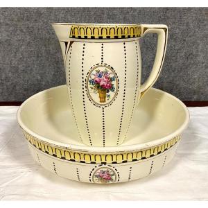 Boch La Louviére Art Deco Period: Large Toilet Pitcher With Its Porcelain Bowl 