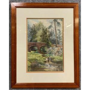 20th Century French School By Revillon Dated 1926: Watercolor "bathing In The River" 
