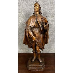 Italy XVII Eme: Saint Roch, Important Round Sculpture In Linden Wood / H101 Cm