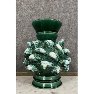Grand Vase Aux Coquillage En Céramique émaillée De Couleur Verte
