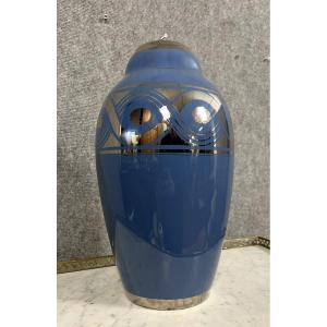Grand Vase En Faïence époque Art Déco A Décors De Formes Géométriques Argentées Sur Fond Bleu