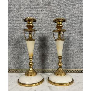 Pair Of Napoleon III Candlesticks In White Marble, Bronze And Golden Brass 
