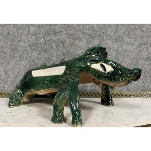 Abstract Enameled Terracotta Sculpture From The 20th Century Depicting A Fantastic Animal  