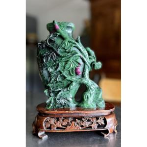 Asia 20th Century: Superb Green Jade Vase Decorated With Foliage And Colored Flowers  