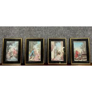 4 Gravures En Couleur Sous Verre Représentant Des Scénes Du 18eme Siècle 