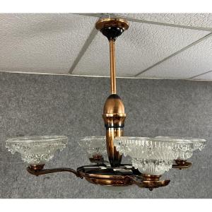 Large Art Deco Period Chandelier In Copper Brass And Molded Pressed Glass 