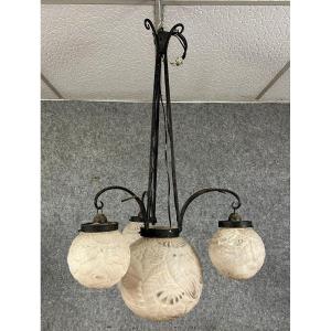 After Muller Frères: Hammered Iron Chandelier With 4 Lights Art Deco Period / H90 Cm 